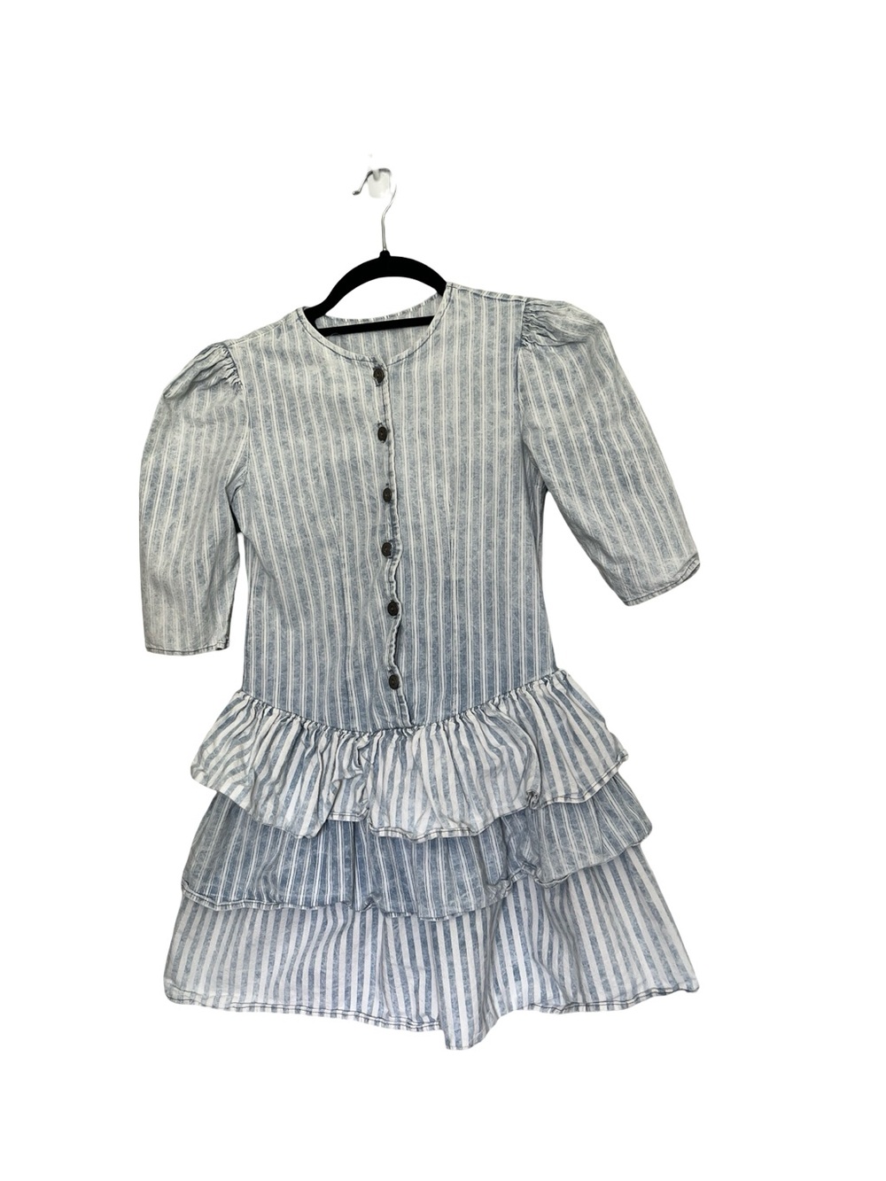 Vintage 80s Girls Dress Blue White Striped Denim Cotton Party Youth Size 8